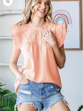 7th Ray Peach Gingham Flutter Sleeve Blouse